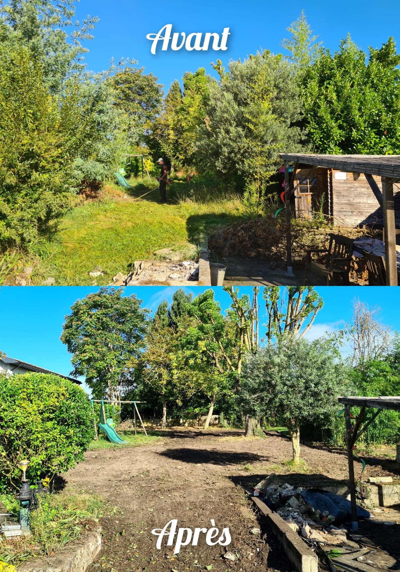 Avant/après : jardin familial envahi par la végétation, puis nettoyé et remis à plat autour de l’aire de jeux