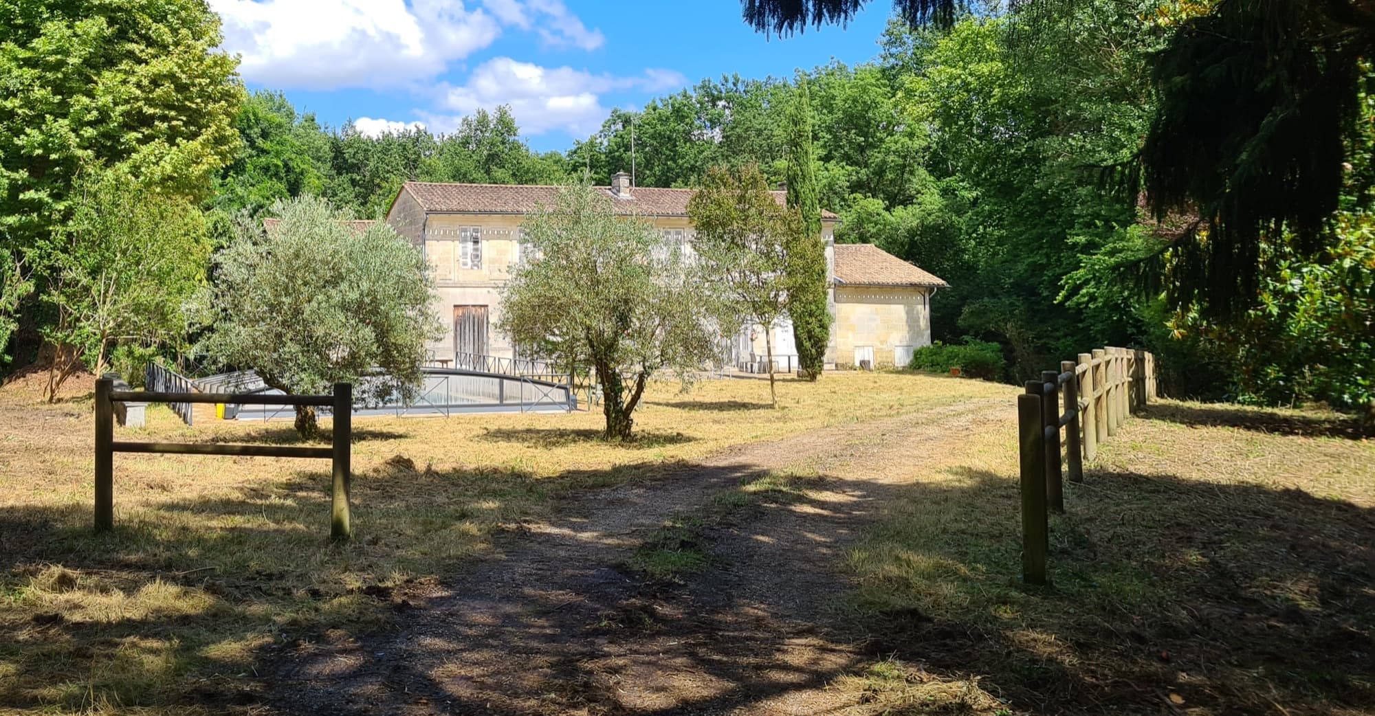 Propriété girondine entretenue par O’Jardins d’Aquitaine : pelouse fauchée et oliviers taillés devant une maison en pierre